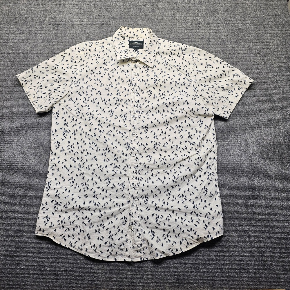 Rodd & Gunn Mens Large White Navy Sailboat Print Cotton SS Button Up Sports Fit